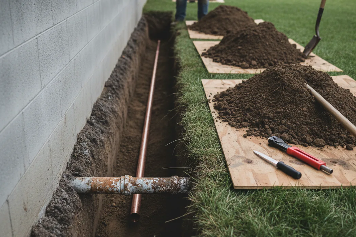 Excavated water line trench during Water Heater Repair in Grand Coteau